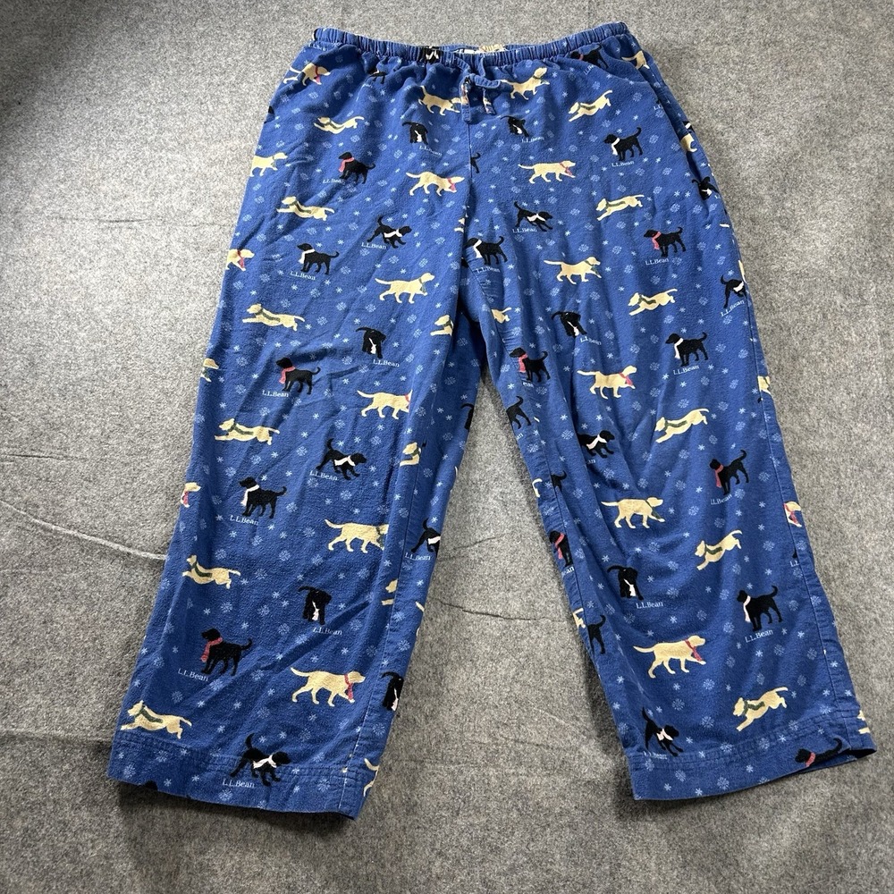 LL Bean Pajama Pants Womens Large Petite Flannel Dog Print Winter Christmad